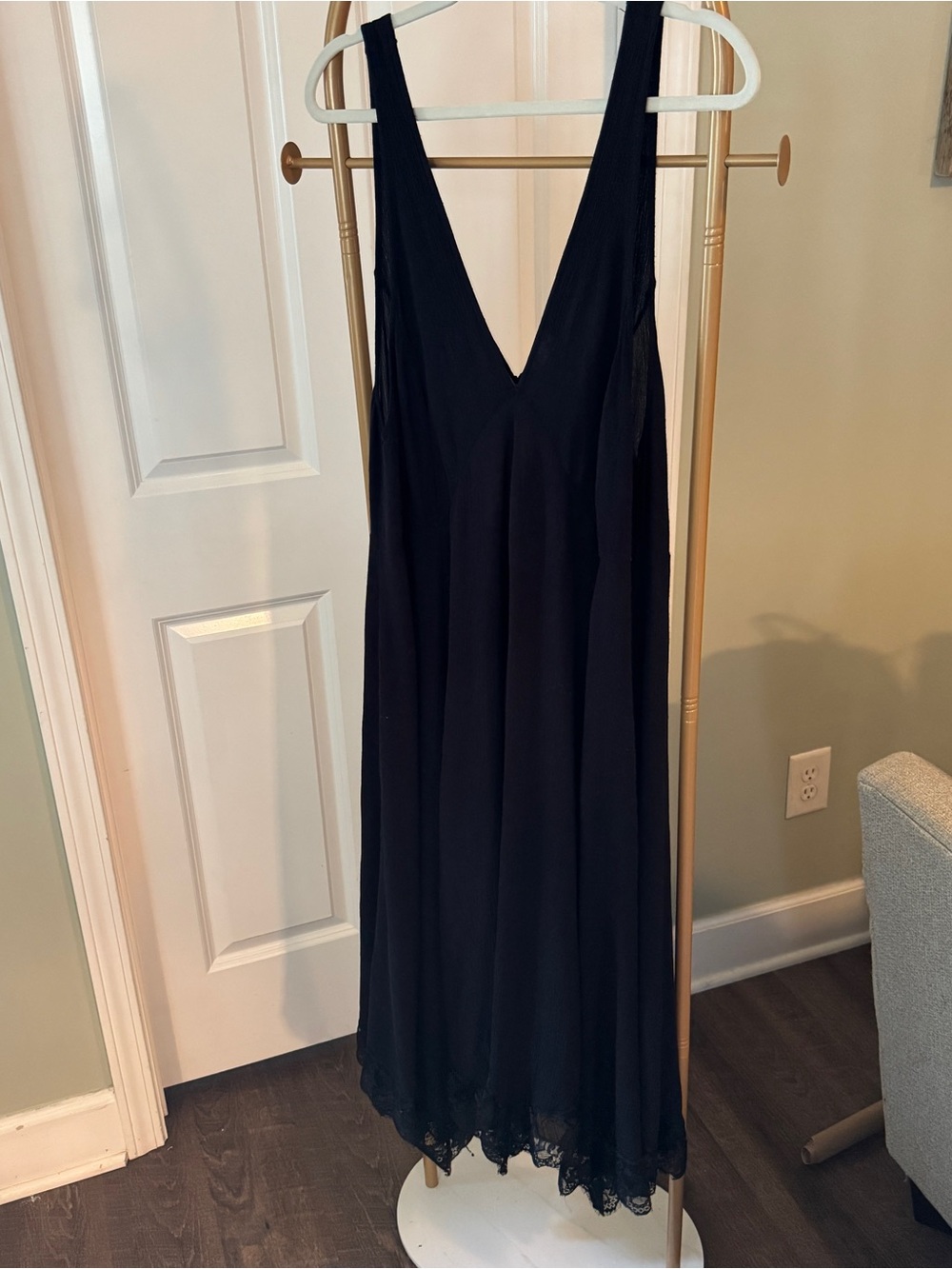 Free People Black V-Neck Lace Trim Midi Dress